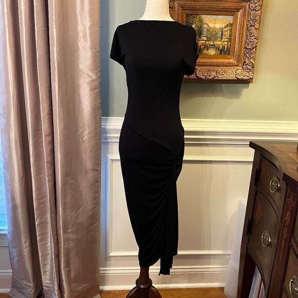 EUC Michael Kors Black Stretch Crepe Ruched Draped Midi Dress‎ Size 12 - Picture 1 of 6
